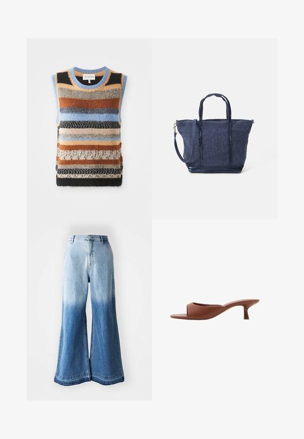 Pleteni brezrokavnik s pisanimi horizontalnimi črtami v rjavih, modrih in smetanastih tonih; kontrastne teksturirane in gladke sekcije.; Svetlo modra, dolgonoga skrajšana srajca z ovratnikom, gumbom in enim žepom na prsih ter diskretnim logotipom na spodnji strani. Gladka tekstura.; Svijetloplave traper široke hlače s izblijedjelim gradijentom od svijetle do tamne boje, šivenim rubom i dizajnom s pet džepova.; Rjave odprte sandalje s peto z gladko, mat površino, ki imajo ukrivljen dizajn in prozorno, zoženo peto.; Mornarska denim torba z dvojimi ročaji, odstranljivo zanko, zadrgo in teksturiranim zaključkom; ima strukturirano, prostorno zasnovo.