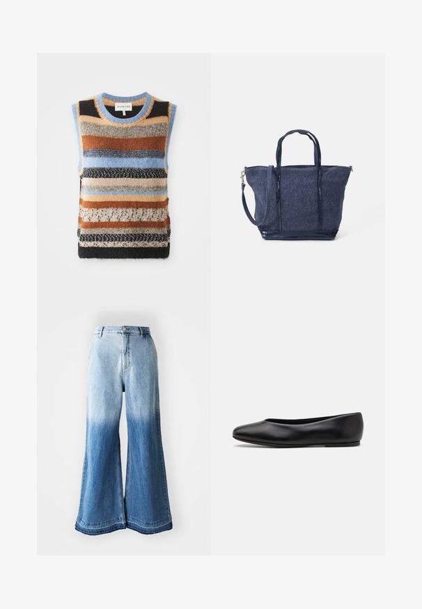 Pleteni brezrokavnik s pisanimi horizontalnimi črtami v rjavih, modrih in smetanastih tonih; kontrastne teksturirane in gladke sekcije.; Svetlo modra, dolgonoga skrajšana srajca z ovratnikom, gumbom in enim žepom na prsih ter diskretnim logotipom na spodnji strani. Gladka tekstura.; Svijetloplave traper široke hlače s izblijedjelim gradijentom od svijetle do tamne boje, šivenim rubom i dizajnom s pet džepova.; Paul Smith TOPANGA - Balerinke - black; Mornarska denim torba z dvojimi ročaji, odstranljivo zanko, zadrgo in teksturiranim zaključkom; ima strukturirano, prostorno zasnovo.