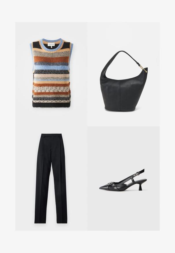 Knit sleeveless sweater featuring multicolored horizontal stripes in browns, blues, and creams; contrast textured and smooth sections.; Black trousers made from smooth fabric featuring a high waist, wide legs, front pleats, and classic belt loops. No side pockets visible.; Black leather slingback shoe with a pointed toe, decorative straps featuring metal eyelets, and a low block heel. Textured surface.; Black leather handbag with a rounded shape, a wide strap, and a textured finish. Features a subtle seam detail and a gold-tone hardware accent.