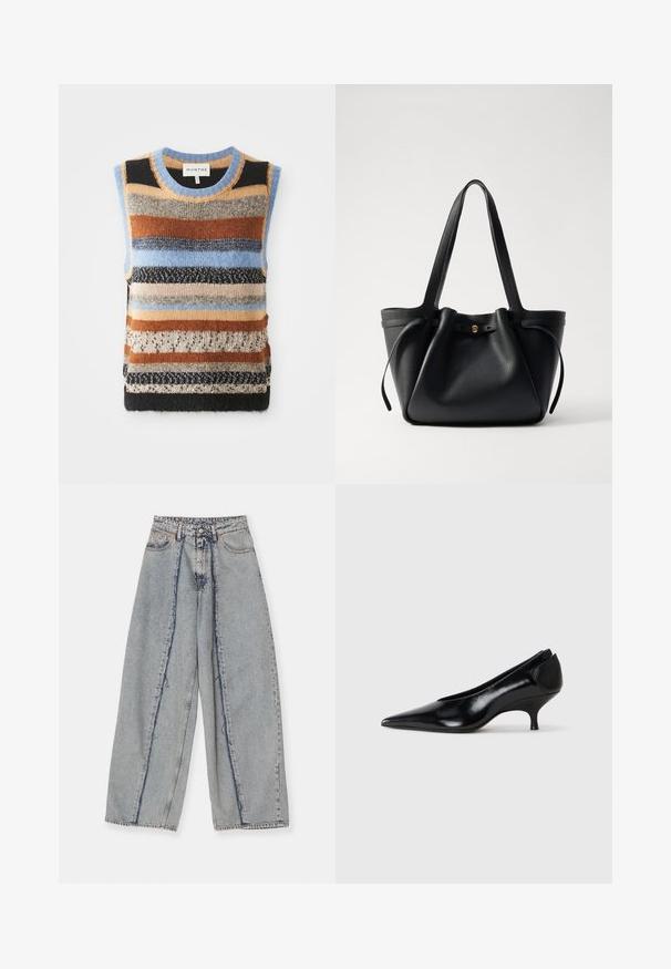 Strickweste ohne Ärmel mit mehrfarbigen horizontalen Streifen in Braun, Blau und Creme; kontrastierende strukturierte und glatte Abschnitte.; Hellblaue weitgeschnittene Jeans mit fransigen Kanten, hoher Taille und kontrastierenden Nähten. Hergestellt aus Denim, zeigt sie eine lockere Passform und minimale Abnutzung.; Schwarzer Lederpumps mit spitzem Schuhkopf, niedrigem Absatz, schlankem Design und glatter Textur. Verfügt über einen Slipper-Stil ohne sichtbare Beschläge.; Schwarze Leder-Tote mit zwei langen Tragegriffen, einem gerafften oberen Teil und einem goldenen runden Akzent. Glatte Textur mit minimalistischem Design.
