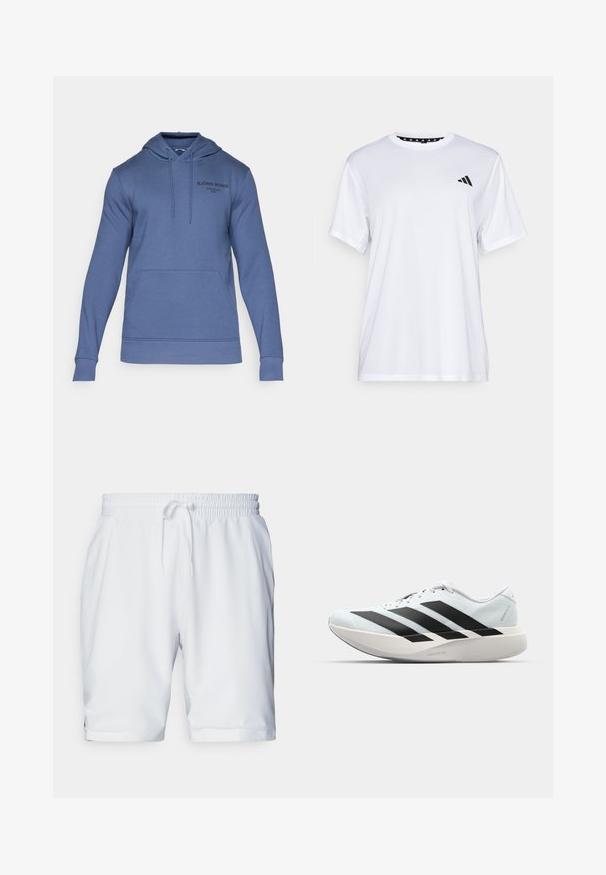 Hooded sweatshirt in heather blue, made of soft fabric. Features a kangaroo pocket, ribbed cuffs, and a printed logo on the chest.; White athletic t-shirt with short sleeves, made from moisture-wicking fabric. Features a black logo on the left chest and a patterned interior neckline.; White athletic shorts with an elastic waistband and adjustable drawstring. Smooth fabric with a subtle texture, featuring side pockets.; Lightweight running shoes in pale blue with black stripes. Features a smooth upper, round toe, and thick white midsole labeled "LIGHTSTRIKE PRO."