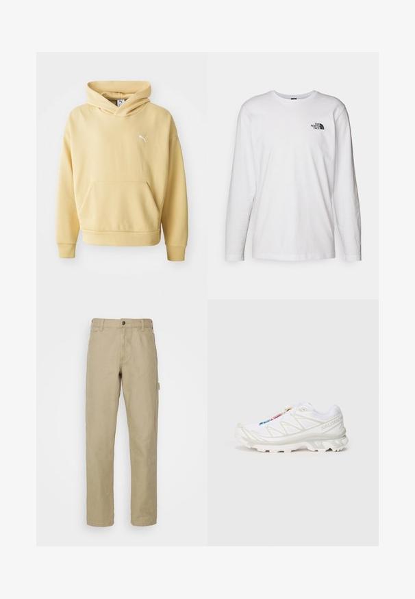 Gelbe Kapuzenjacke aus weichem Stoff, mit einer vorderen Kängurutasche und einem weißen Logo auf der Brust. Mit einer Kordelzugkapuze.; Weißes langärmliges T-Shirt aus Baumwolle mit Rundhalsausschnitt. Verfügt über ein kleines schwarzes Logo auf der Brust. Glatte Textur, reguläre Passform.; Beige Baumwollhose mit geradem Bein, ausgestattet mit einem Knopfverschluss vorne, fünf Taschen und einer seitlichen Cargo-Tasche.; Weiße Sportlich-Schuh mit strukturiertem Mesh-Obermaterial, reflektierenden Akzenten und einer gepolsterten Sohle. Auffälliges Markenlogo an der Seite.