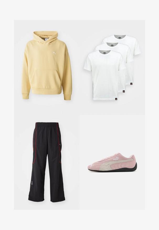 Gelbe Kapuzenjacke aus weichem Stoff, mit einer vorderen Kängurutasche und einem weißen Logo auf der Brust. Mit einer Kordelzugkapuze.; Drei schlichte weiße Baumwoll-T-Shirts mit kurzen Ärmeln. Jedes Shirt hat einen runden Ausschnitt und ein kleines schwarzes Logotipo auf der linken Seite.; Schwarze Sporthose mit elastischem Bund, rotem Seiteneinsatz, Reißverschlusstaschen und lockerer Passform. Hergestellt aus leichtem, strukturiertem Material.; Rosa Wildledersneaker mit grauen Akzenten, stromlinienförmigem Design, strukturiertem Obermaterial und schwarzer Gummisohle. Mit dem Puma-Logo an der Seite.