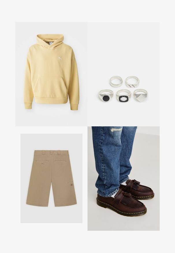 Felpa gialla realizzata in morbido tessuto, con tasca frontale a marsupio e logo bianco sul petto. Include un cappuccio regolabile con cordino.; Pantaloni corti marrone chiaro con fronte piatto, due tasche posteriori e una tasca laterale cargo. Realizzati in tessuto di cotone morbido.; Mocassini in pelle marrone con dettagli a frange, caratterizzati da un design cucito e una suola gialla in gomma. Abbinati a dei jeans blu sbiaditi.; Cinque anelli d'argento: uno con un dettaglio circolare nero, uno con un motivo geometrico bianco e nero, e altri con diverse forme e finiture.