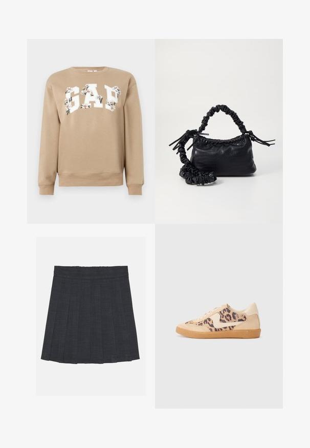 Béžová mikina s bielymi nápismi "GAP" ozdobenými bielymi a oranžovými kvetinovými vzormi na hrudi, dlhé rukávy, ribbované manžety a spodný lem.; Tmavošedá skladaná sukňa s elastickým pásom, s textúrovanou tkaninou a klasickým A-línkovým strihom. Vhodná na neformálne nosenie.; Tenisky s leopardím vzorom, s béžovým semišovým zvrškom, svetlohnedou gumovou podrážkou a bielymi akcentmi. Okrúhla špička a šnurovací dizajn s textúrovaným povrchom.; Čierna umelá kožená kabelka s kroko vzorom, sťahovaným vrchom a zhnutým popruhom. Vyzerá mäkko a kompaktné v dizajne.