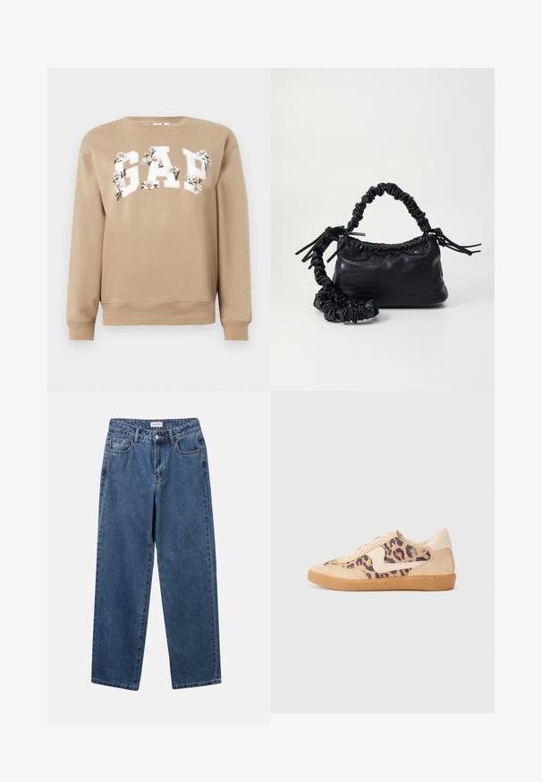 Pulover bej cu litere albe "GAP" decorate cu motive florale albe și portocalii pe piept, mâneci lungi, manșete și tiv cu nervuri.; Jeans clasice din denim albastru, cu un design drept, cinci buzunare și închidere cu nasture. Prezentând o spălare medie și o textură rezistentă.; Tenisi cu imprimeu de leopard, cu partea superioară din suede bej, talpă din cauciuc maro și accente albe. Vârf rotund și design cu șireturi, cu un finisaj texturat.; Geantă din faux leather neagră cu textură de crocodil, cu partea superioară strânsă și o curea mototolită. Pare moale și compactă ca design.
