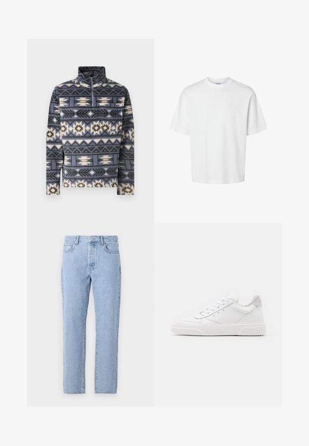 Jack & Jones JORIBIZA HALF ZIP - Sweat polaire - night shadow blue; T-shirt en coton blanc à manches courtes, col rond et coupe décontractée. Texture lisse sans motifs ou accents visibles.; Jean en denim bleu clair avec une coupe droite, cinq poches et une fermeture à bouton. Texture douce avec une finition vieillie classique.; Des baskets en cuir blanc avec une finition lisse, un bout rond, des lacets plats et une semelle texturée. Accents en daim gris au niveau du talon.