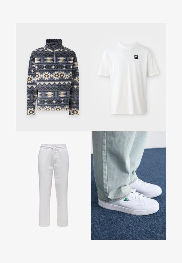 Jack & Jones JORIBIZA HALF ZIP - Pulover iz flisa - night shadow blue; Bela bomba iz 100% bombaža s kratkimi rokavi in okroglim izrezom; na levem prsnem delu ima majhen črn pravokotni logotip Nike Air.; Bela elastična hlače za potegniti z elastičnim pasom in vrvico. Ravna zasnova iz gladkega, lahkega blaga brez vzorcev.; Bela usnjena športna obutev z zelenim Nike logotipom, okrogla konica, ravna podplat, v kombinaciji z svetlo modrimi kavbojkami, prikazana na modrem preprogu.