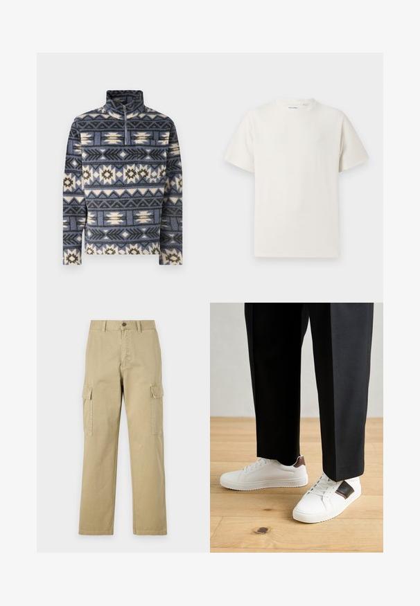 Jack & Jones JORIBIZA HALF ZIP - Pulover din fleece - night shadow blue; Tricou alb cu maneci scurte, dintr-un material ribbed. Guler rotund, croi lejer, fără modele sau accente vizibile. Design simplu și versatil.; Pantaloni cargo bej din bumbac, cu două buzunare laterale, închidere cu nasture și picioare drepte dintr-un material ușor texturat.; Sneakers albe cu textură netedă, având accente din piele maro și detalii negre, asociate cu pantaloni negri pe măsură. Fundal din podea din lemn.