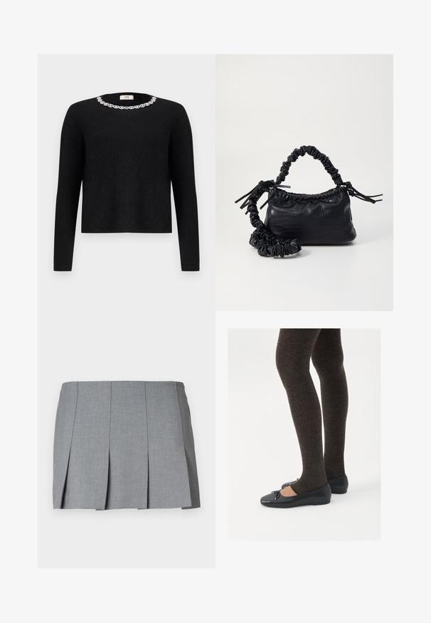 Black sweater with long sleeves and a round neckline, featuring a decorative crystal embellishment around the collar. Soft texture.; Gray pleated skirt featuring a smooth texture, structured design, and a fitted waist. Made from a lightweight fabric with subtle pattern.; Black flat shoes with a small bow detail at the toe, paired with dark brown ribbed tights. Shoes have a smooth texture and low profile.; Black faux leather handbag with a crocodile texture, cinched top, and a scrunched strap. Appears soft and compact in design.