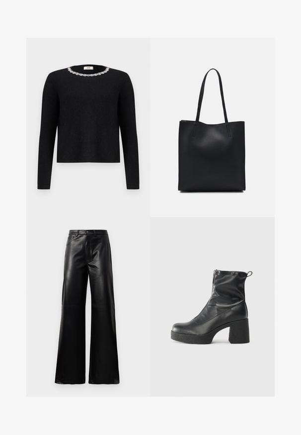Svart tröja med långa ärmar och rund halsringning, prydd med dekorativa kristalldekorationer runt kragen. Mjuk textur.; Svarta högmidjade vida byxor i konstläder med framknapp, dragkedjestängning, bältesöglor och sidofickor på vit bakgrund.; Svarta ankelstövlar i slitstark läder, med sidodragkedja, kraftig strukturerad klack och rundad tådesign.; Svart lädertoffelväska med slät textur, rektangulär form och två långa handtag. Ingen synlig hårdvara eller dekorationer.