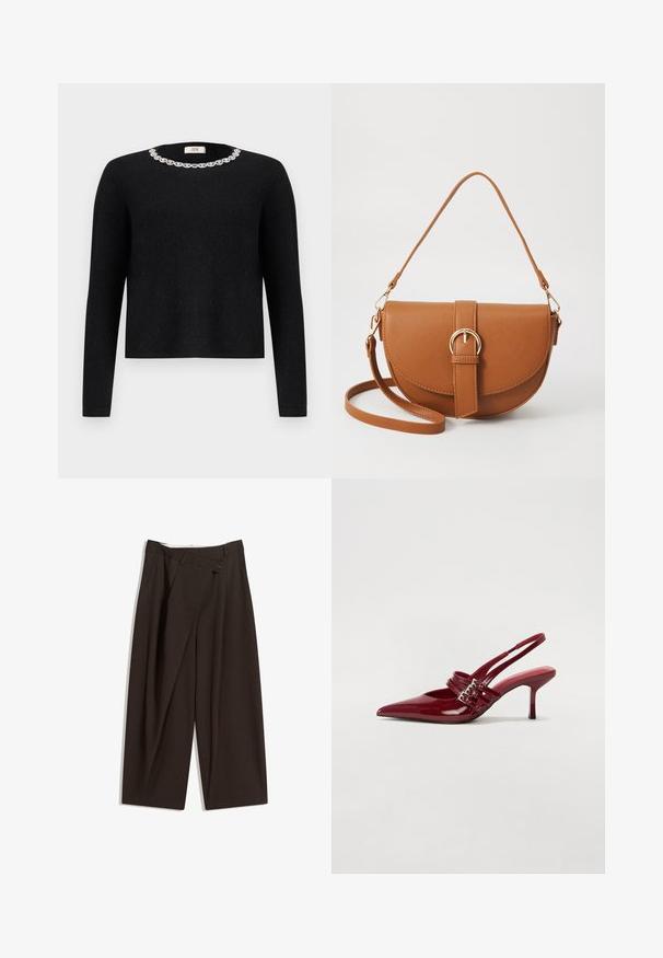 Svart tröja med långa ärmar och rund halsringning, prydd med dekorativa kristalldekorationer runt kragen. Mjuk textur.; Mörkbruna vida byxor med hög midja, med en enkel knappstängning och plisserad front. Tillverkade av lätt tyg.; Röda patentläder slingback-hälar med spetsig tå, två spännen och en smal, medelhög stilettklack. Slät textur.; Brun läder crossbody-väska med en böjd form, gyllene detaljer och en spänneaccent. Har en avtagbar axelrem.