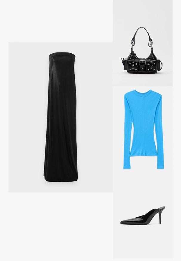Long-sleeve, fitted top in bright blue, made of ribbed fabric. Features a round neckline and a slightly tapered waist.; Black strapless maxi dress made of smooth, shiny fabric. Features a fitted bodice and flowing silhouette, reaching the floor without embellishments.; Black patent leather high-heeled mule with a pointed toe and a sleek silhouette, featuring an open back and a slender stiletto heel.; Black leather handbag with a curved design, featuring silver studs, a buckle, and two side pockets. Adjustable strap for carrying options.