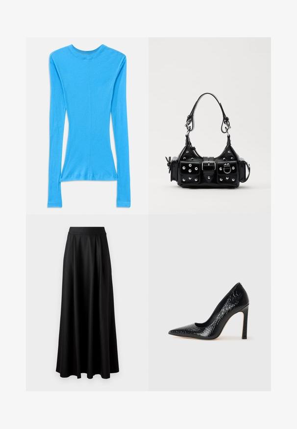 Pikkade varrukatega, figuurile sobiv särgike eredas sinises värvitoonis, valmistatud soonikust kangast. Omab ümmargust kaelust ja kergelt kitsenevat taljeosa.; Mustmust pikk, must seelik, millel on sile tekstuur, lai vöökoht ja volditud disain, ilma nähtavate mustrite või kaunistusteta.; Mustan teravaotsaga kõrge kontsaga king, millel on krokodillimustriga tekstuur, stiilne disain, kõrge stilettokonts ja sile must sisesisustus.; Must värvi nahast käekott, millel on kaarjas disain, hõbedased nupukesed, kinnitusahe ja kaks külgtaskut. Reguleeritav rihm erinevate kandmisvõimaluste jaoks.