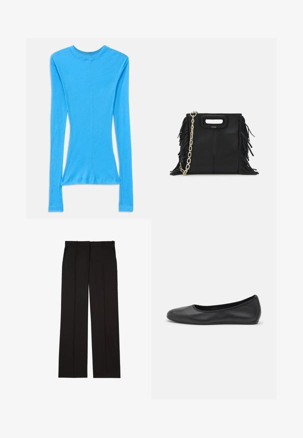 Langärmliges, eng anliegendes Oberteil in leuchtendem Blau, aus Rippstoff gefertigt. Verfügt über einen runden Ausschnitt und eine leicht taillierte Taille.; Schwarze, maßgeschneiderte Hosen aus einem glatten Stoff, mit geradem Bein und zwei Seitentaschen. Elegante und minimalistische Konstruktion.; Schwarze Leder-Ballettschuhe mit abgerundeter Spitze, glatter Textur, minimalen Nähdetails und einem flexiblen Sohlen-Design.; Schwarze Lederhandtasche mit Fransen-Details, goldener Ketten-Schulterriemen und einem ausgeschnittenen Griff. Mit Logoplatzierung auf der Vorderseite.