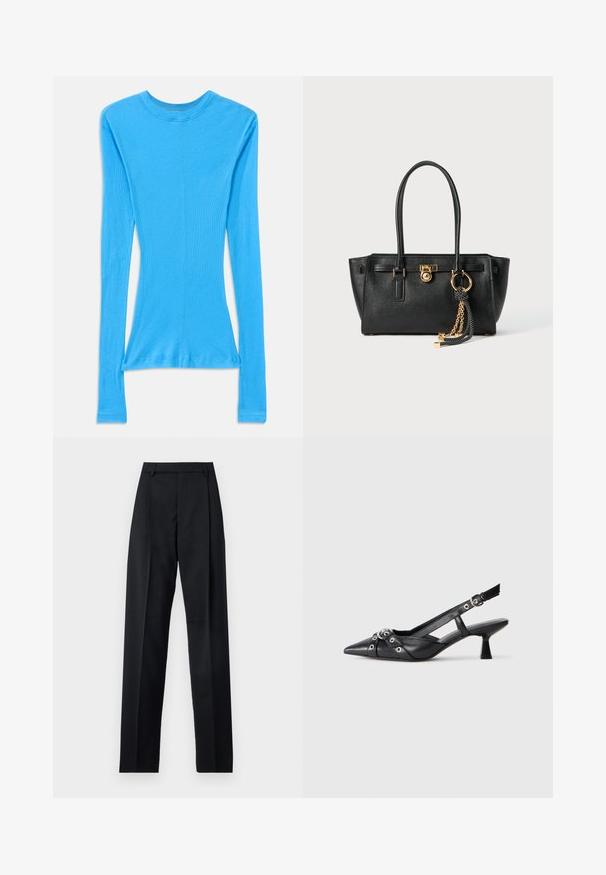 Long-sleeve, fitted top in bright blue, made of ribbed fabric. Features a round neckline and a slightly tapered waist.; Black trousers made from smooth fabric featuring a high waist, wide legs, front pleats, and classic belt loops. No side pockets visible.; Black leather slingback shoe with a pointed toe, decorative straps featuring metal eyelets, and a low block heel. Textured surface.; Black leather handbag with double handles, gold lock and chain detail, and black-and-white tassel accessory against white background.