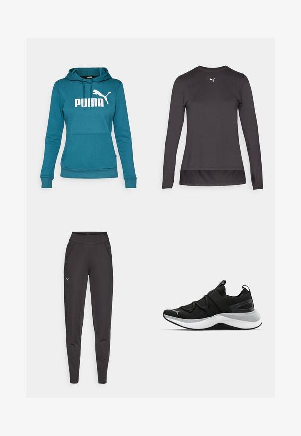 Hanorac cu glugă de culoare teal, cu logo-ul alb "PUMA" și grafică cu pisica sărind. Are o buzunar frontal și manșete și tiv cu căptușeală. Material moale.; Cămașă sportivă neagră cu mâneci lungi și decolteu rotund, având un mic logo alb pe piept și găuri pentru degete la manșete. Textură netedă.; Leggings atletice negre, fabricate dintr-un material elastic, cu un talie înaltă, buzunare laterale și un mic logo reflectorizant pe coapsa stângă.; Pantof de sport negru cu un upper texturat, curele elastice și o talpă intermediară groasă albă. Are un accent gri pe lungimea tălpii.