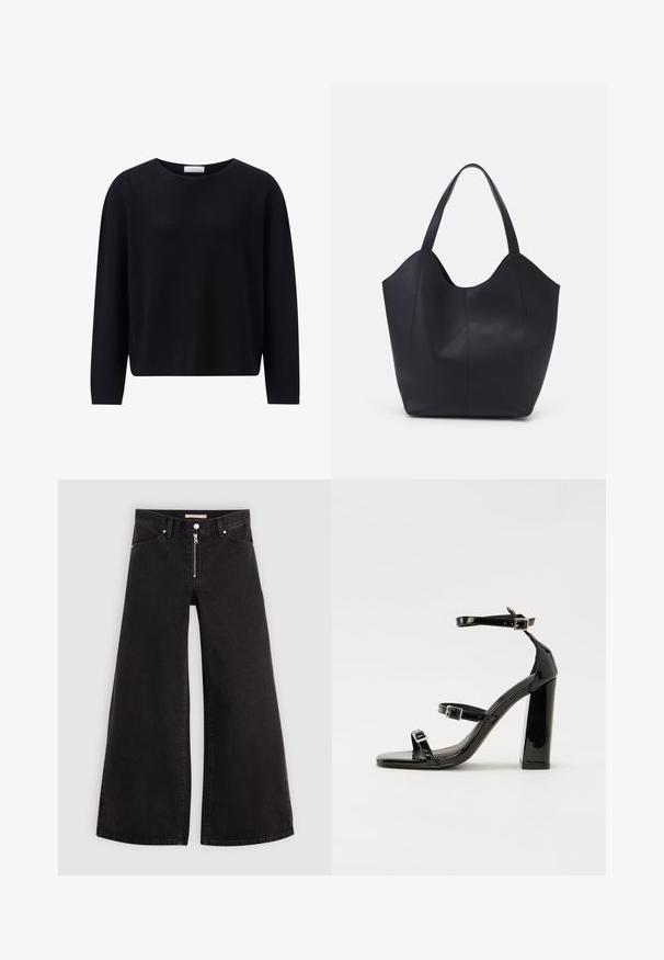 Juodas megztinis, apvaliu iškirpimu, ilgomis rankovėmis, laisvo kirpimo, lygia tekstūra ir nežymiu elastingumu. Nėra matomų raštų ar priedų.; Plačios kojų džinsai iš juodo džinsinio audinio su užtrauktuku priekyje, penkių kišenių dizainu ir subtiliais siuvinėjimo akcentais. Lygus paviršius ir laisvalaikio stilius.; Juoda blizgi lakuota basutė su kvadratiniu pirštu, kulkšnies dirželiais ir sidabro sagtimis. Yra tvirta blokinė kulno konstrukcija, užtikrinanti stabilumą.; Juodas rankinės maišelis, pagamintas iš lygaus odos, su išlenktu atviru viršumi, dviem petinėmis dirželis ir minimalistiniu dizainu.