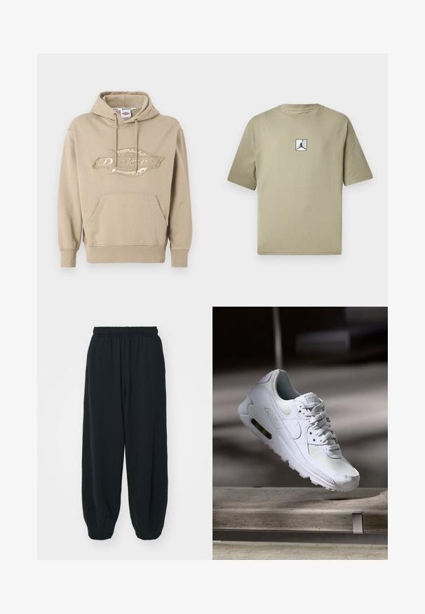 Bež sudadera s kenguru žepom, kapuljačom s lahko za zategovanje in vezenim logotipom "Dickies" na sprednji strani. Mehka bombažna tkanina, rebraste manšete.; Khaki bomba s kratkimi rokavi iz bombaža, ki na sprednji strani nosi majhen črn Jordan logotip v belem kvadratu. Preprost dizajn in sproščen kroj.; Črne, elastične hlače za prosti čas z ohlapnim krojem, manšetami na gležnjih, gladko teksturo in brez vidnih vzorcev ali dodatkov.; Bela Nike Air Max 90 športna obutev z mrežastim in usnjenim zgornjim delom, perforiranim prstnim delom in vidno zračno enoto v peti.