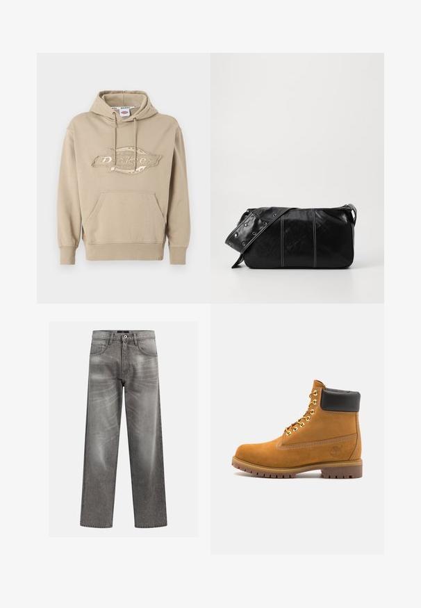 Sweatshirt bege com um bolso canguru, capuz com cordão e logótipo "Dickies" bordado na frente. Material de algodão suave, punhos canelados.; Jeans em denim cinza com um corte largo, apresentando detalhes de desgaste e desbotamento, um design clássico de cinco bolsos e fechamento em botão.; Botim de tornozelo em camurça bege com colarinho acolchoado preto, ilhós de metal dourado, detalhes de costura branca e sola de borracha robusta com sulcos pronunciados.; Bolsa de ombro em couro preto com fecho em zíper, apresentando um corpo texturizado, costura branca e uma alça com ilhós prateados.
