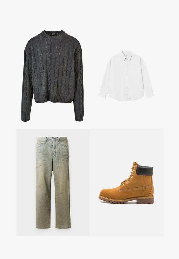 Sötét szürke kötött pulóver, kerek nyakkivágással, esett vállakkal és bordázott aljjal. Az anyaga texturált mintákkal díszített.; Fehér gombos ing, klasszikus gallérral, hosszú ujjakkal és kerekített aljjal; a bal alsó részen kis narancssárga logó található.; Fakó zöld, kopott farmerszadrág, egyenes lábbal, ötk zsebes kialakítással, egyenetlen kopással és festékcseppekkel.; Barna velúr bokacipő fekete párnázott gallérral, arany fém fűzőlyukakkal, fehér varrási részletekkel és durva gumitalppal, amelynek kifejezett barázdái vannak.