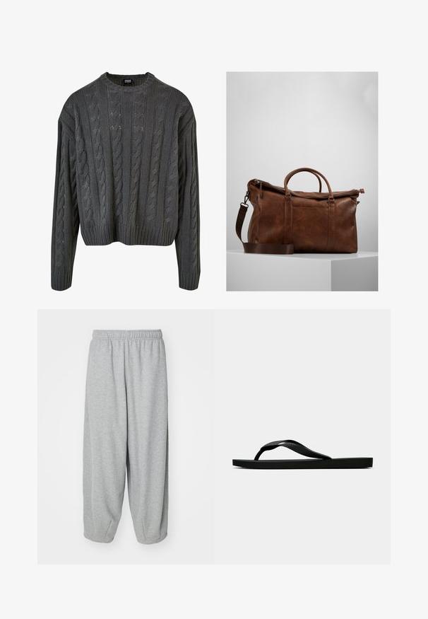 Tummakudottu villapaita tummanharmaana, pyöreällä kaula-aukolla, roikkumaisilla olkapäillä ja ribatulla helmalla. Sisältää teksturoidut kuviot koko ajan.; Vaaleanharmaat, löysät collegehousut, jotka on valmistettu pehmeästä kankaasta. Joustava vyötärö ja resorit nilkoissa. Yksinkertainen ja koristelematon muotoilu.; Musta kumisaapas sandaali, jossa on teksturoitu thong-hihna ja yksinkertainen litteä pohja, esitetty sivustolta vaalealla taustalla.; Ruskea nahkainen laukku, jossa on vetoketjuluukku, kaksinkertaiset kahvat, säädettävä olkahihna ja pinnassa näkyviä tekstuurikuviota.