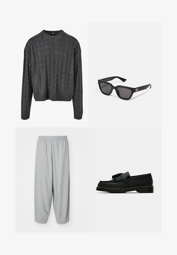 Dunkelgrauer, grob gestrickter Pullover mit Rundhalsausschnitt, fallenden Schultern und geripptem Saum. Verfügt über strukturierte Muster im gesamten Design.; Helle graue, lässig sitzende Sweatpants aus weichem Stoff. Elastischer Bund und Bündchen an den Knöcheln. Einfaches und ungeschmücktes Design.; Schwarzer Lederloafer mit Quasten, gelben Nähten entlang der Sohle und einer dicken, gerippten Gummisohle.; Schwarze rechteckige Sonnenbrille mit glänzender Oberfläche, dunklen Gläsern und goldenen Akzenten am Bügel, die das Logo zeigen.