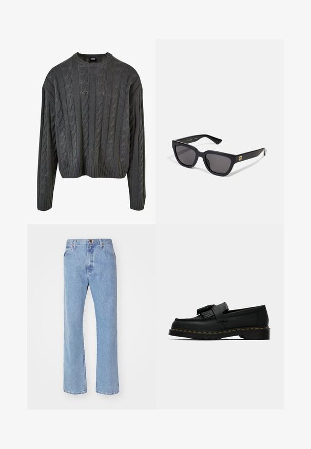 Tamsiai pilkas kabelių raštuotas megztinis su apvaliu iškirpimu, nukritusiomis petnešomis ir raukinėta apačia. Yra tekstūruotų raštų visame megztinyje.; Šviesiai mėlynos džinsinės kelnės su aukštu juosmeniu, tiesiomis kojomis ir priekinėmis kišenėmis. Priedai yra varinės spalvos, o audinys turi subtilius džiovintus efektus.; Juodas oda loaferis su kutais, geltona siūlė aplink padą ir storas, briaunotas guminis padas.; Juodos stačiakampės saulės akinių su blizgiu paviršiumi, tamsiais objektyvais ir auksinėmis detalėmis ant šventyklos su logotipu.