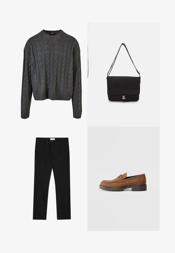 Dunkelgrauer, grob gestrickter Pullover mit Rundhalsausschnitt, fallenden Schultern und geripptem Saum. Verfügt über strukturierte Muster im gesamten Design.; Schwarze gerade Jeans mit Fünf-Taschen-Design, Knopf- und Reißverschluss, und einem Pier One-Label am Bund.; Braune Wildlederslipper mit runder Zehenpartie und einer niedrigen schwarzen Gummisohle, die über einen dekorativen Riemen und Nähte auf dem Obermaterial verfügt.; Schwarze Umhängetasche aus glattem Material, mit einem umklappbaren Deckel, silbernem Verschluss und verstellbarem Schultergurt.