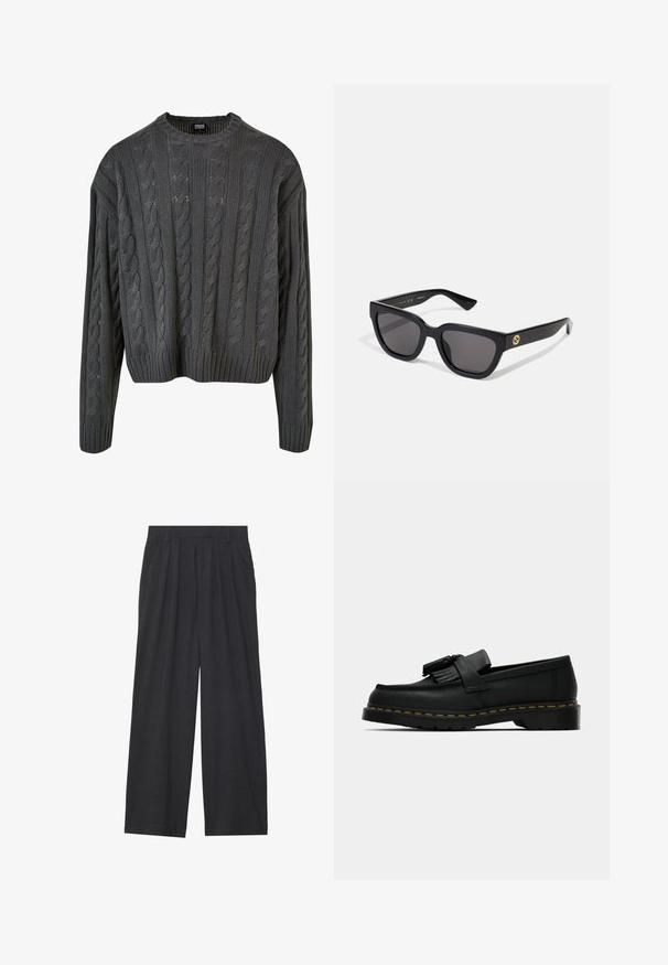 Mørkegrå kabelstrikket genser med rund hals, senkede skuldre og ribbestrikket hem. Har teksturerte mønstre over hele.; Vide benbukser laget av mørkegrått stoff. Har legg i midjen, en skreddersydd design, og en rett silhuett.; Svart lær loafer med dusk, gult søm langs sålen, og en tykk, rillede gummisåle.; Svarte rektangulære solbriller med en blank finish, mørke linser og gullhardwaredetaljer på stangene med logo.
