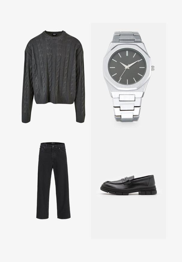 Maglione a collo rotondo in grigio scuro, lavorato a trecce, con spalle scese e orlo a costine. Presenta motivi testurizzati su tutta la superficie.; Jeans in denim nero a gamba dritta con chiusura a bottone e zip, passanti per cintura e tasche anteriori e posteriori.; Mocassini in pelle nera con finitura liscia, dotati di un dettaglio di cinturino anteriore e di una suola in gomma spessa con accenti scanalati.; Orologio analogico argento con cassa ottagonale, quadrante grigio, indicatori delle ore argentati e bracciale in acciaio inossidabile. Design minimalista con texture liscia.