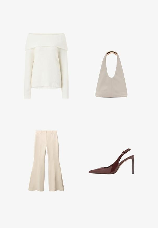 Hvid strikbluse med off-the-shoulder-design, ribbet tekstur, lange ærmer og afslappet pasform. Har et bredt, foldet halsudskæring og ribbede manchetter.; Beige, svajende bukser med en glat tekstur, der har flad front, bæltestropper og dybe sideskydninger ved kanten.; Mørkebrune patentlæder slingback højhælede sko med spids tå, justerbar spænde og slank stiletthæl.; Lysegrå lædertaske med et U-formet design og et buet metallisk håndtag. Glat tekstur med minimal syning og ingen synlige mønstre.
