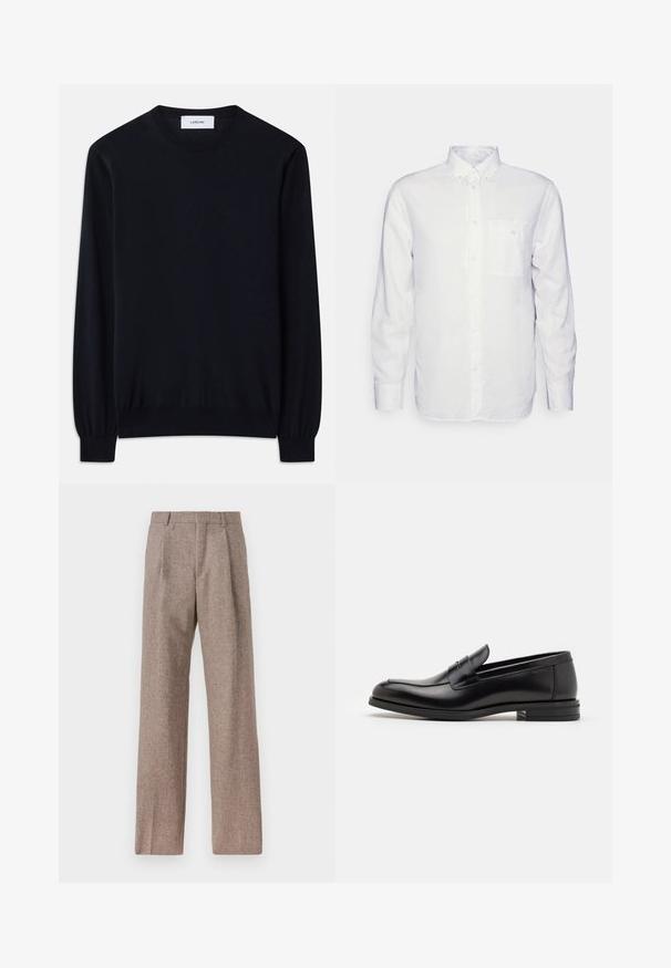 Zwarte crewneck trui gemaakt van een gladde brei-stof. Lange mouwen met aansluitende manchetten en een relaxte fit door het hele lijf.; Witte longsleeve shirt van katoen, met een button-down kraag, een voorzak en een regular fit. Textuurstof met een gladde oppervlakte.; Bruine, hooggewaisted broeken van een gestructureerde stof. Heeft wijde benen en twee voorplooien voor extra structuur. Net afgewerkt zonder zichtbare hardware.; Zwarte leren instappers met een gladde textuur, ronde neus en een decoratieve band over de wreef. Lage, gestapelde hak en minimalistisch ontwerp.