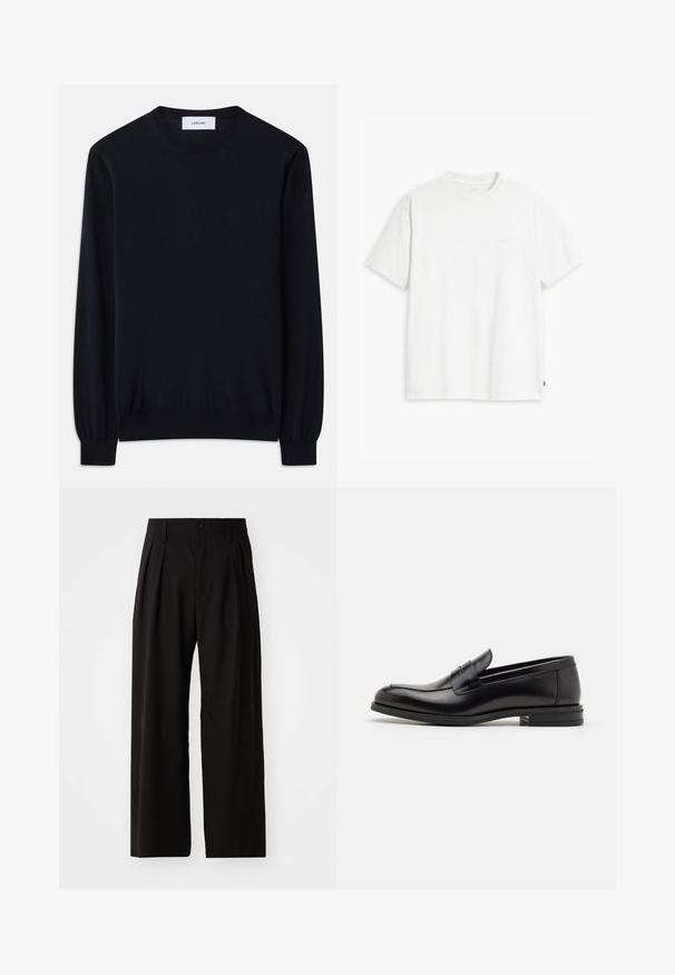 Zwarte crewneck trui gemaakt van een gladde brei-stof. Lange mouwen met aansluitende manchetten en een relaxte fit door het hele lijf.; Witte katoenen T-shirt met korte mouwen, ronde hals en subtiele Levi's logo gedrukt in het midden. Zachte textuur en standaard pasvorm.; Zwarte wijde broek met een gladde textuur, voorzien van twee voorklokken, een knoopsluiting en zijzakken. Duurzaam materiaal.; Zwarte leren instappers met een gladde textuur, ronde neus en een decoratieve band over de wreef. Lage, gestapelde hak en minimalistisch ontwerp.