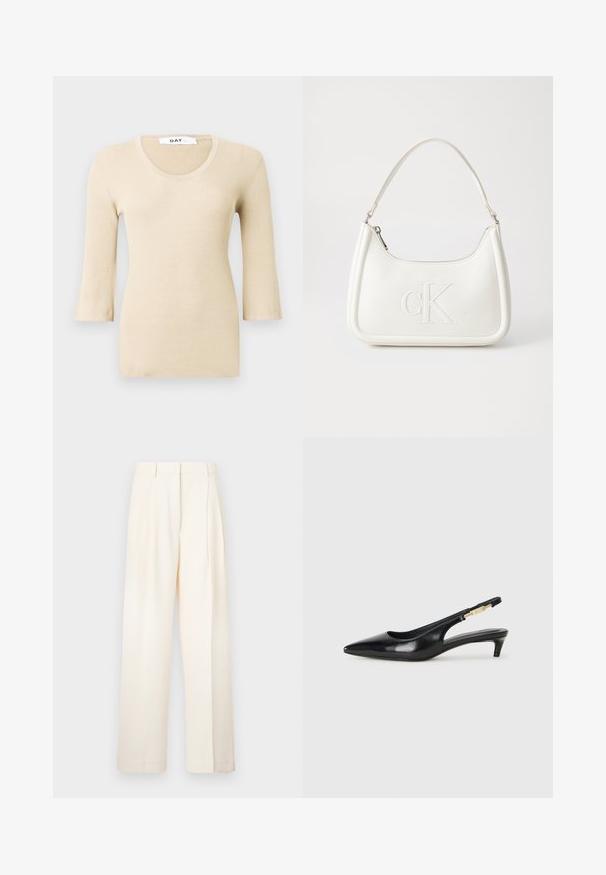Beige geribbelde langetermijn top met een ronde hals. De textuur is glad en aansluitend. Flared mouwen voegen een subtiel ontwerpelement toe.; Wijduitlopende broek in roomkleur, gemaakt van een soepele stof. Beschikt over een op maat gemaakte stijl met voorplooien en een rechte snit.; Zwarte leren slingback hakken met een spitse neus, voorzien van een slanke hak en een goudkleurige accent op de verstelbare band. Gladde textuur.; Witte lederen handtas met een gebogen vorm, voorzien van een reliëf "CK" logo aan de voorkant en een enkele schouderriem. Ritsluiting aan de bovenkant.