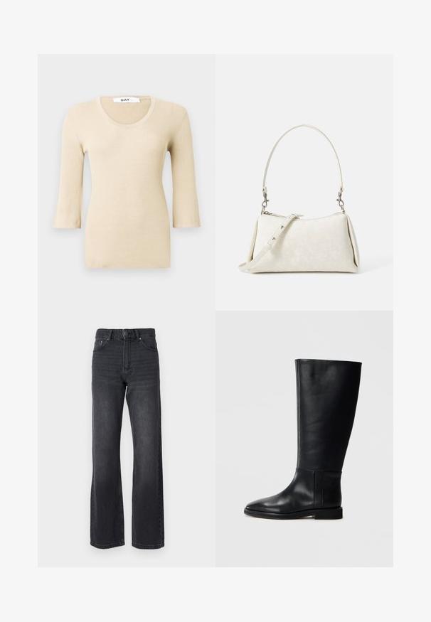 Beige geripptes Langarmoberteil mit einem runden Ausschnitt. Die Textur ist glatt und eng anliegend. Ausgestellte Ärmel sorgen für ein dezentes Designdetail.; Schwarze hochtaillierte Jeans mit geradem Bein, aus Denim gefertigt. Mit fünf Taschen und dezenten Ausbleichungen im Stoff.; Schwarze Lederstiefel bis zum Knie mit runder Zehenform, glatter Textur, minimalistischem Design und flacher Sohle. Einfache Nahtdetails am Schaft.; Weiße Handtasche mit glatter Textur, geschwungener Silhouette und verstellbarem Schulterriemen. Verfügt über ein dezentes Logo-Muster und silberne Hardware-Akzente.
