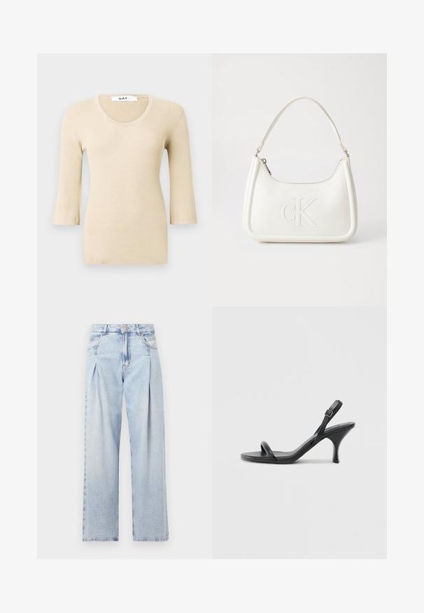 Beige ribbestrikket langermet topp med dyp utringning. Teksturen er glatt og figursydd. Slippede mansjetter gir en subtil designdetalj.; Lyseblå denimjeans med høy livlinje, vide ben, to sidelommer og plisserte detaljer. Myk tekstur med en falmet finish.; Sorte skinnhøye hæler med en slank, buet hæl og et kryssrem-design. Justerbar ankelrem. Glatt tekstur.; Hvit lærveske med en buet fasong, med et preget "CK"-logo på forsiden og en enkel skulderstropp. Glidelåslukking på toppen.