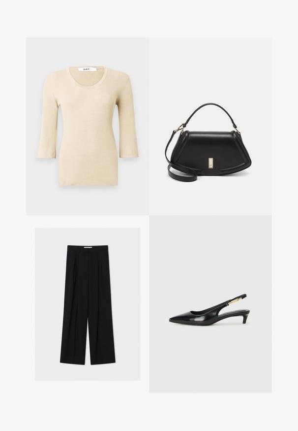 Maglia beige a maniche lunghe con scollo a barca. La texture è liscia e aderente. Le maniche a campana aggiungono un sottile dettaglio di design.; Pantaloni neri a gamba larga realizzati in un tessuto morbido. Presentano una vita alta, pieghe frontali e un taglio alla caviglia. Design minimalista.; Tacchi slingback in pelle nera con punta affusolata, caratterizzati da un tacco alto e un accento dorato sulla cinghia regolabile. Texture liscia.; Borsa a mano in pelle nera con un design strutturato, caratterizzata da una forma corta, manico superiore e accessori in metallo dorato. Inclusa tracolla regolabile.