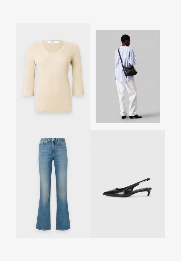 Beige bordázott, hosszú ujjú blúz kerek nyakkivágással. A textúrája sima és testhez simuló. A bővülő ujjak finom dizájn részletet adnak hozzá.; Világoskék, trapéz szabású farmernadrág. Gombos derékpánttal és enyhén kopott mosással, amely a bokáknál szélesebb szegélybe keskenyedik.; Fekete bőr slingback magassarkúk, hegyes orral, vékony sarkakkal és arany színű részlettel a állítható pánton. Simа felület.; Fekete bőr válltáska puha tapintással, háromszög alakú, állítható pánttal, világoskék csíkos inggel és fehér nadrággal párosítva.