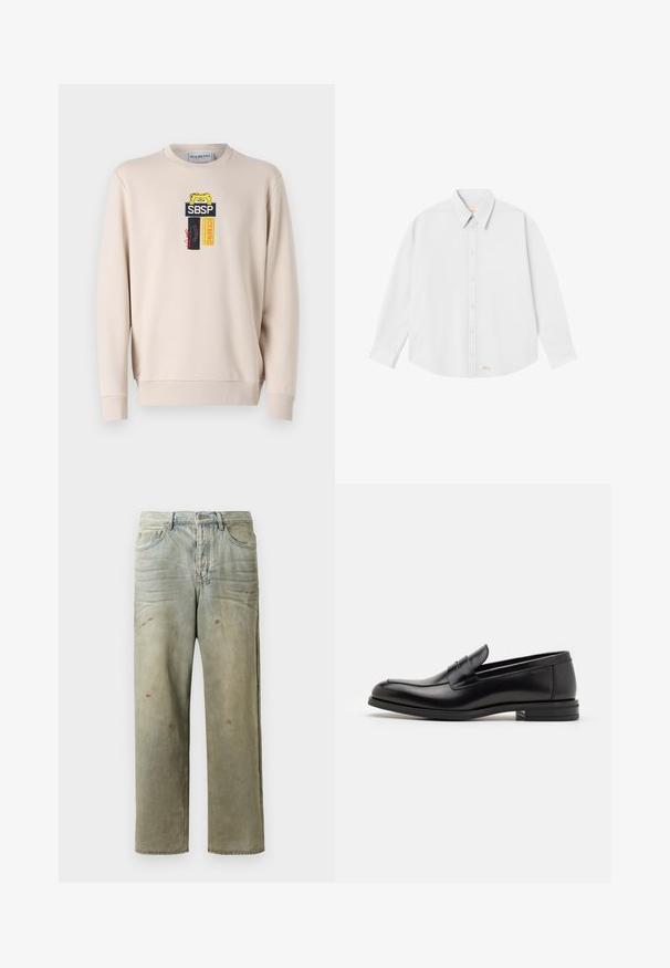 Beige színű pulóver kerek nyakkal, különböző hímzett foltokkal, beleértve az "SBSP" és "ICEBERG" feliratokat. Simább textúra, hosszú ujjú.; Fehér gombos ing, klasszikus gallérral, hosszú ujjakkal és kerekített aljjal; a bal alsó részen kis narancssárga logó található.; Fakó zöld, kopott farmerszadrág, egyenes lábbal, ötk zsebes kialakítással, egyenetlen kopással és festékcseppekkel.; Fekete bőr loaferek sima textúrával, kerek orral és dekoratív pánttal a vampnál. Alacsony, rétegelt sarkú, minimalista dizájn.