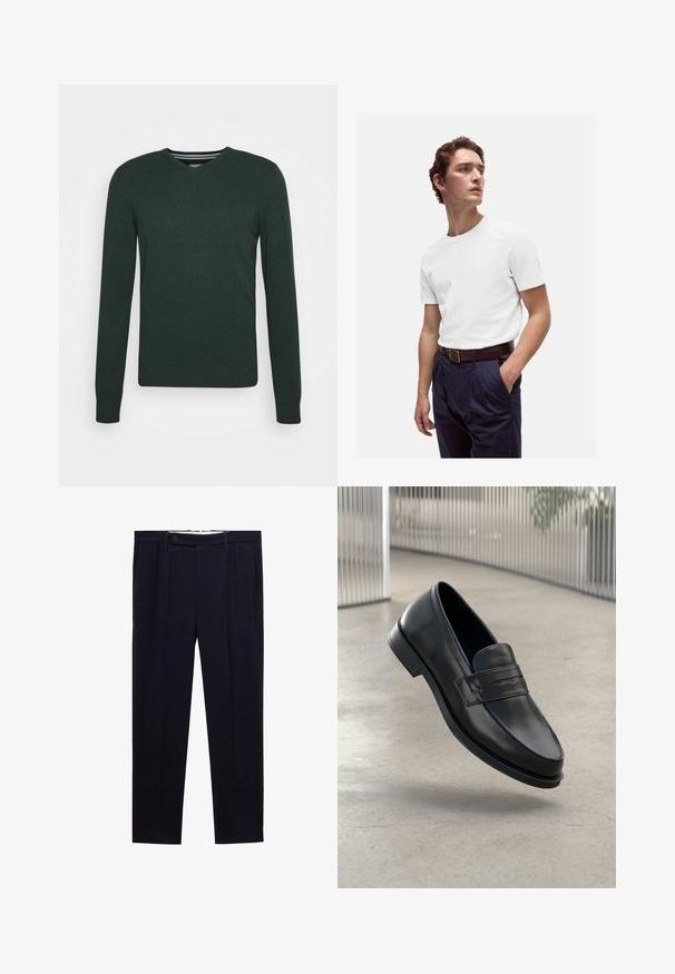 Tmavě zelený svetr s V-výstřihem. Vyroben z pleteného materiálu s dlouhými rukávy, žebrovanými manžetami a rovnými lemy. Má jemně strukturovaný povrch.; Bílý bavlněný tričko s kulatým výstřihem nošené s námořnickými plisovanými kalhotami a hnědým koženým páskem se zlatou sponou.; Námořnické modré kalhoty s rovnými nohavicemi, dvojitými záhyby a knoflíkovým zapínáním v pase. Vyrobeny z hladkého materiálu bez vzorů.; Černá kožená mokasína s hladkou texturou, špičatou špičkou a ozdobným páskem přes nárt. Lehká podrážka, minimalistický design.