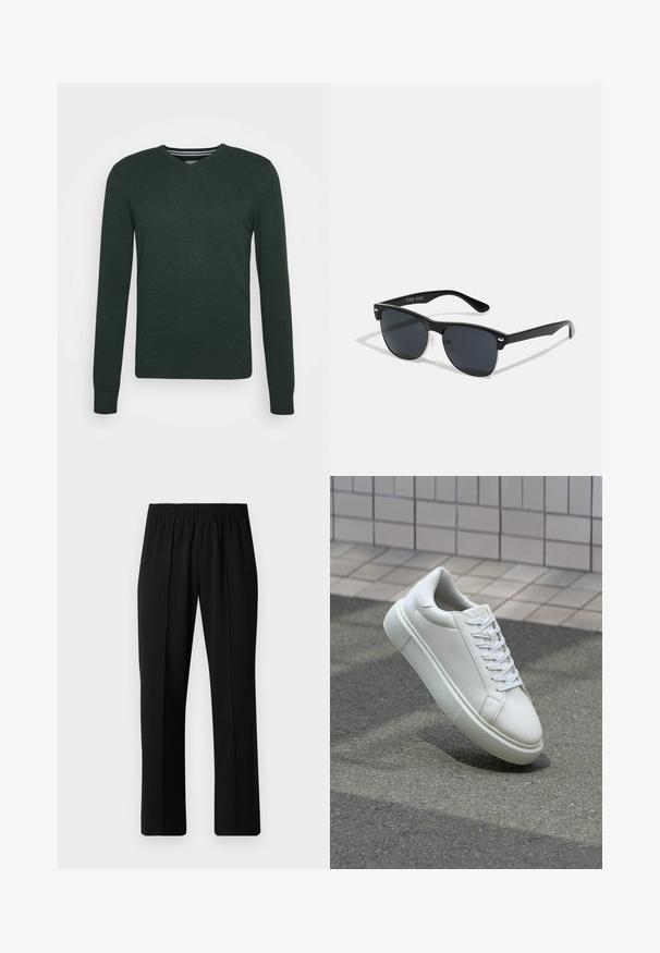 Tumši zaļš V veida kakla džemperis. Izgatavots no adīta materiāla ar gariem piedurknēm, ribotiem manžetēm un taisnu apakšmalu. Ievērojama niansēta tekstūra virsmas. ; Melni elastīgi bikses ar taisnas kājas dizainu, ar gludu tekstūru un bez redzamām zīmēm vai detaļām.; Baltas ādas sporta apavi ar gludu virsmu, apaļu pirkstu un plakanām baltām šņorēm. Iezīmējas ar strukturētu gumijas zoli un minimālisma dizaina elementiem.; Melnas saulesbrilles ar taisnstūra formu, tumšiem stenģiem, sudraba akcentiem pie tempļiem un matētu apdari uz rāmja.