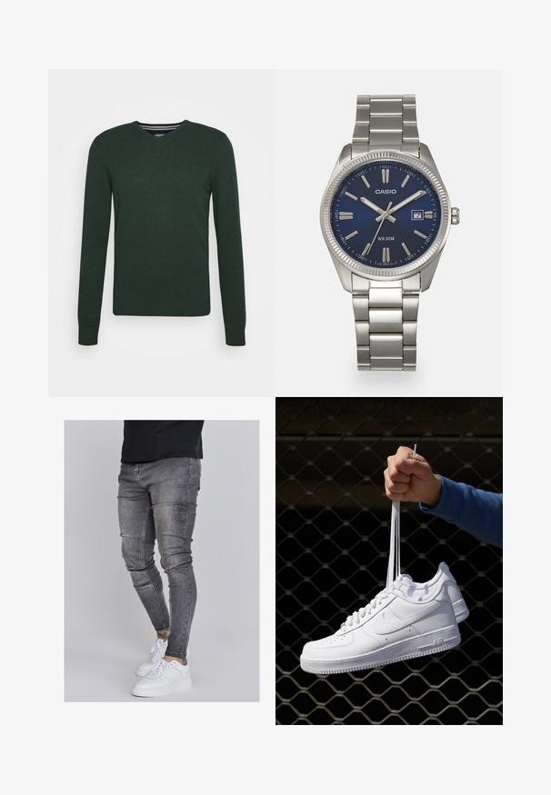 Donkergroene V-hals trui. Gemaakt van gebreid materiaal met lange mouwen, geribde manchetten en een rechte zoom. Bevat een subtiele textuur.; Skinny jeans in vervaagd grijs denim, met versleten details op de knieën, gecombineerd met witte sneakers. Gladde textuur, slank model.; Witte leren sneakers met perforaties, ronde neus, vlakke zool en dikke veters, met een zichtbare swoosh-logo en "AIR" op de hiel.; Zilveren roestvrijstalen horloge met een marineblauwe wijzerplaat, metalen uurmarkeringen en een datumnis op 3 uur. Waterbestendig tot 50 meter.