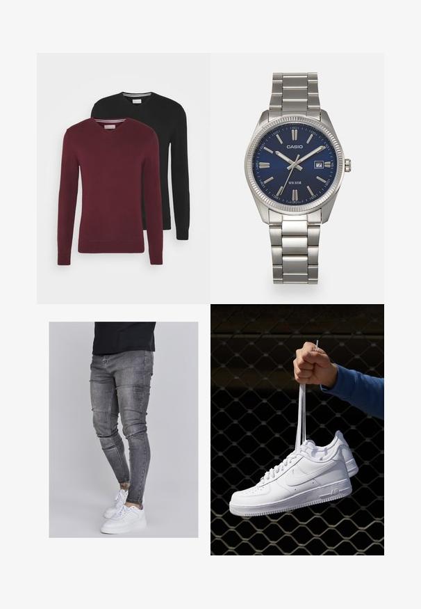 Zwei V-Ausschnitt-Pullover in burgunderrot und schwarz. Beide haben lange Ärmel und gerippte Bündchen, gefertigt aus einem weichen Strickmaterial. Streifenverzierung am Kragen.; Schlanke Jeans aus ausgebleichtem grauem Denim, mit abgenutzten Details an den Knien, kombiniert mit weißen Sneakers. Glatte Textur, schlanker Schnitt.; Weiße Leder-Sneaker mit Perforationen, runder Zehenpartie, flacher Sohle und dicken Schnürsenkeln, mit sichtbar eingesticktem Swoosh-Logo und "AIR" an der Ferse.; Silberner Armbanduhr aus Edelstahl mit einem dunkelblauen Zifferblatt, metallischen Stundenmarkierungen und einem Datumsfenster bei 3 Uhr. Wasserdicht bis 50 Meter.