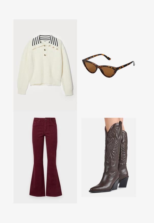Hvid striktrøje med ribbestruktur, der har en bred stribet krave i marineblå, tre guldknapper og en cropped længde.; Sort langærmet top lavet af tekstureret blonde, med en bølget udskæring og tætsiddende design med en cropped silhuet.; Burgunderfløjeljeans med flammesnit, fem lommer, frontlukning med knap og struktureret stof. Flammerne strækker sig fra knæet til kant.; Brune læder cowboystøvler med spids tå og blokhæle, med detaljeret syning og forhøjede accenter på skaftet.; Kat-ejede solbriller med en sort og orange skildpaddemønstret stel, brune linser og slanke, spidse ender. Har et minimalistisk logo på skabelsen.