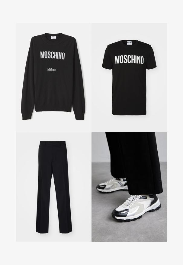 Czarny sweter dzianinowy z długimi rękawami, z logo "MOSCHINO" w białym kolorze oraz mniejszym napisem "Milano" poniżej. Żebrowane mankiety i dół.; Czarna bawełniana koszulka z odważnym białym napisem "MOSCHINO" na przodzie; okrągły dekolt i krótkie rękawy. Prosty design, klasyczny krój.; Czarne spodni z szerokimi nogawkami, charakteryzujące się gładką teksturą i wyraźnymi fałdami, wykonane z tkaniny tkanej.; MOSCHINO UOMO czarny