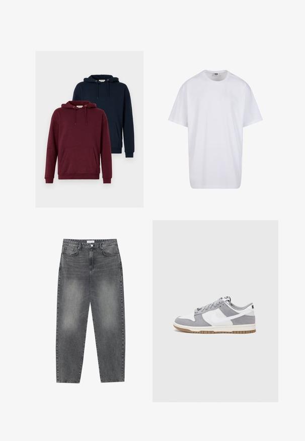 Două hanorace: unul burgund și unul bleumarin. Ambele au un buzunar frontal tip kangaroo, glugă cu șnur, manșete ribbed și o textură moale a materialului.; Tricou alb din bumbac cu mâneci scurte, decolteu rotund, croială lejeră și fără logo-uri sau modele vizibile. Textură netedă și design minimalist.; Jeans cu talie înaltă, lejere, din denim negru estompat. Caracteristici: cinci buzunare, bucle pentru curea și un design curat cu picior drept.; Sneaker gri și alb, cu un superior din suede și piele, vârf rotund, șireturi plate și o talpă din cauciuc ce prezintă un accent de culoare gum.