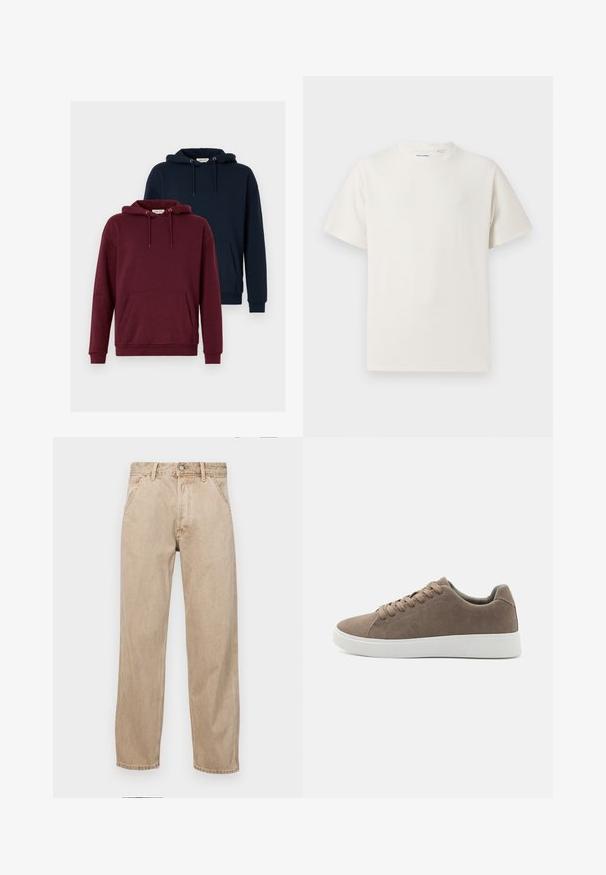 Twee hoodies: één bordeauxrood en één marineblauw. Beide hebben een voorste kangoeroezak, een capuchon met trekkoord, ribgebreide manchetten en een zachte stoftextuur.; Witte korte mouwen T-shirt met ribbelstructuur. Ronde hals, ontspannen pasvorm, geen zichtbare patronen of accenten. Eenvoudig en veelzijdig ontwerp.; Beige denim jeans met een recht gesneden ontwerp, voorzien van voorzakken, een metalen knoopsluiting en een subtiele textuur.; Bruine suède sneakers met platte witte rubberen zolen, vetersluiting, ronde neus en een gladde textuur. Minimalistische stijl met subtiele stikdetails.