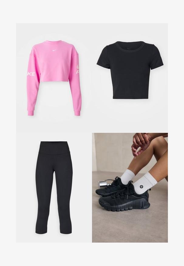 Ružový krátky sveter vyrobený z bavlnenej zmesi, s dlhými rukávmi. Biele logo Nike na hrudi a text pozdĺž ľavého rukáva. Hladká textúra.; Čierne skrátené tričko z mäkkého, elastického materiálu. Má okrúhly výstrih a krátke rukávy s jednoduchým dizajnom.; Čierne skrátené legíny vyrobené z elastického materiálu, s vysokým pásom a hladkou textúrou, bez viditeľných vzorov alebo kovania.; Čierne športové topánky s textúrovanou látkou, šnurovací dizajn a výrazná podrážka, doplnené o biele rebrované ponožky s malým logom.