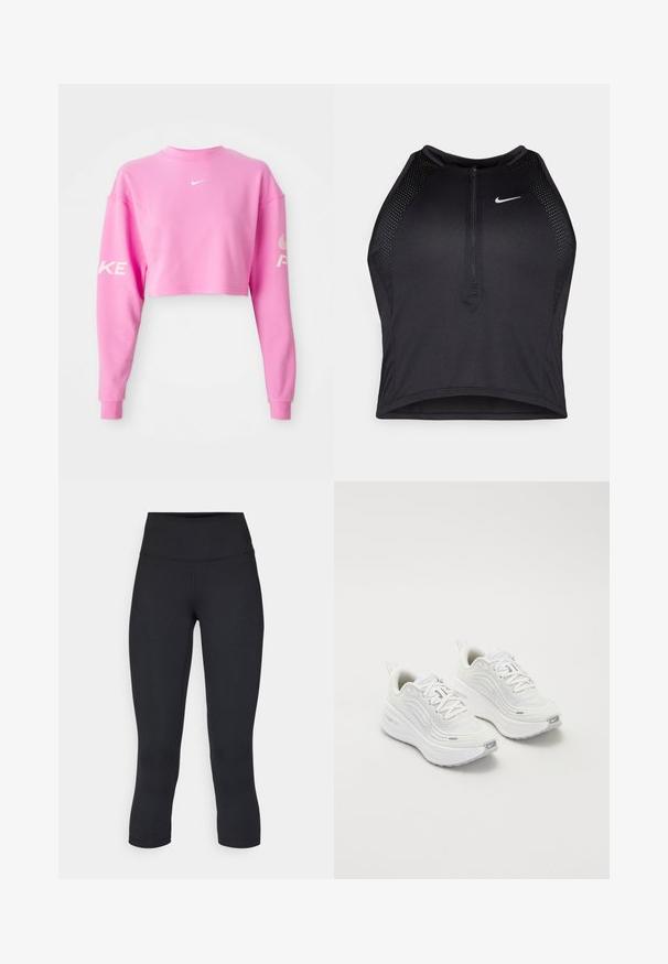 Felpa cropped rosa in misto cotone, con maniche lunghe. Logo Nike bianco sul petto e testo lungo la manica sinistra. Texture liscia.; Top corto atletico nero con zip frontale, dettagli in rete e un design aderente. Realizzato in tessuto elasticizzato e traspirante. Logo Nike sul davanti.; Leggings cropped neri realizzati in tessuto elasticizzato, con vita alta e texture liscia, senza motivi o componenti visibili.; Scarpe da ginnastica bianche con tomaia in rete testurizzata, suola ammortizzata e sottili dettagli grigi. Comprendono il branding e una linguetta sul tallone per una facile calzata.